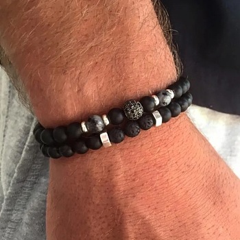 2Pcs 2 Style 8mm Round Natural Lava Rock & Frosted Black Agate Stretch Bracelets Set, Stackable Bracelets for Men