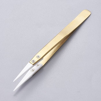 Stainless Steel Beading Tweezers, with Porcelain, Golden, White, 12.9~13x0.95~1cm