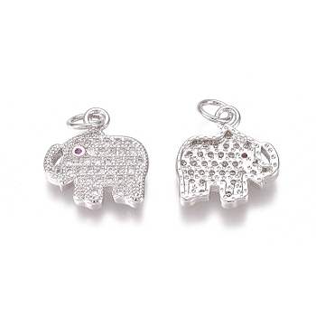 Brass Micro Pave Clear Cubic Zirconia Charms, with Jump Rings, Elephant, Platinum, 13.5x12.5x2mm, Jump Ring: 4.5x0.7mm, Inner Diameter: 3mm