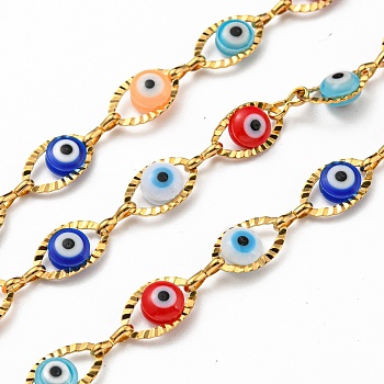 304 Stainless Steel Link Chains, with Evil Eye Acrylic Bead, Soldered, with Spool, Real 18K Gold Plated, Mixed Color, Eye: 10.5x6x3mm, Link: 6x2x1mm, 10m/roll