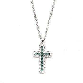 Brass Micro Pave Black Zirconia Cross Pendant Necklaces, 201 Stainless Steel Chains Necklaces, Stainless Steel Color, 23.46 inch(59.6cm), Cross: 27x17mm.