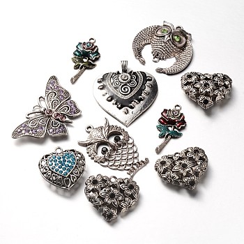 Antique Silver Plated Alloy Rhinestone Pendants, Mixed Shapes, Mixed Color, 34.5~58x23~67x3~16mm, Hole: 3~4mm