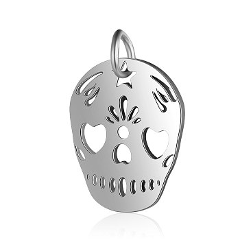201 Stainless Steel Pendants, Sugar Skull, For Mexico Holiday Day of the Dead, Stainless Steel Color, 18x14x1mm, Hole: 3mm