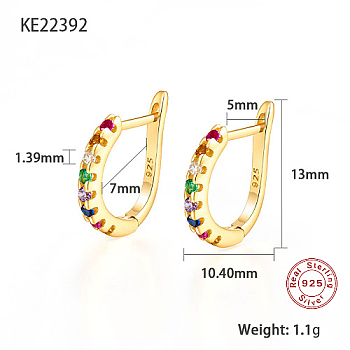 925 Sterling Sliver Micro Pave Colorful Cubic Zirconia Hoop Earrings, with 925 Stamp, Real 18K Gold Plated, 13x10.4mm