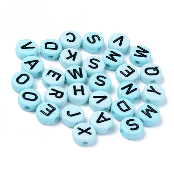 Opaque Acrylic Beads, Horizontal Hole, Flat Round with Black Random Letters, Sky Blue, 10x4.5mm, Hole: 2mm, about 1600pcs/500g
