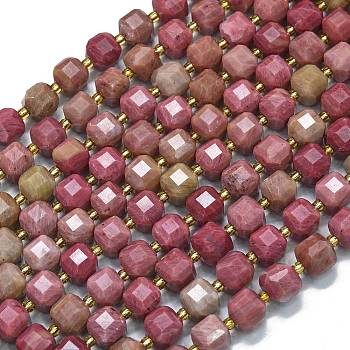 Natural Rhodonite Beads Strands, with Seed Beads, Faceted Table Cut Cube, 8x8x8mm, Hole: 0.6mm, about 38pcs/strand, 15.35''(39cm)