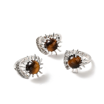 Natural Tiger Eye Sun & Moon Open Cuff Rings, Platinum Brass Jewelry for Women, Lead Free & Cadmium Free, Inner Diameter: 17~18mm