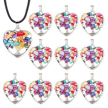 AHADERMAKER 10Pcs Alloy Pendants, with Synthetic Shell Dyed Chip Beads and Iron Snap On Bails, Platinum, Heart with Tree Charm, Platinum, Colorful, 34.5x31x5~10mm, Hole: 3x7.5mm