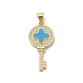 Brass Micro Pave Clear Cubic Zirconia Pendants, with Synthetic Blue Turquoise, Real 18K Gold Plated, Key, 28.5x13.5x2.5mm, Hole: 4x3.5mm