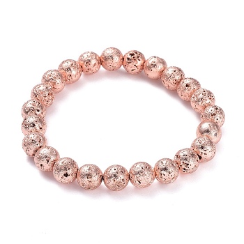 Electroplated Natural Lava Rock Beads Stretch Bracelets, Long-Lasting Plated, Round, Rose Gold Plated, 2-1/4 inch(5.6cm), Bead: 8.5~9mm
