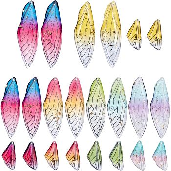 20Pcs 10 Style Transparent Resin Pendants, with Gold Foil, Insects Wing, Mixed Color, 24.5~51x11.5~16.5x1~2.5mm, Hole: 1~1.2mm, 2pcs/style