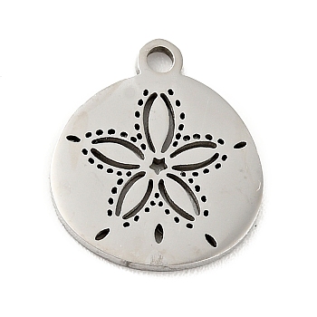 Non-Tarnish 201 Stainless Steel Pendants, Flat Round with Flower, Stainless Steel Color, 13.5x12x1mm, Hole: 1.4mm