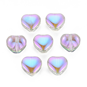 Electroplate Transparent Glass Beads, Half Plated, Heart, Plum, 9.5x10.5x5.5mm, Hole: 1mm