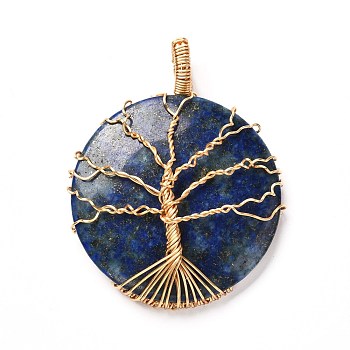 Natural Lapis Lazuli Pendants, with Real 18K Gold Plated Eco-Friendly Copper Wire, Half Round, 47x39x9mm, Hole: 6.5x4.5mm