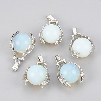 Opalite Pendants, with Alloy Findings, Round, Platinum, 28x20x16mm, Hole: 5x3.5mm