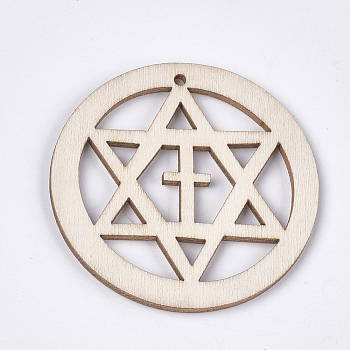 Undyed Wood Big Pendants, for Jewish, Flat Round with Star of David, Creamy White, 50x2~2.5mm, Hole: 2mm