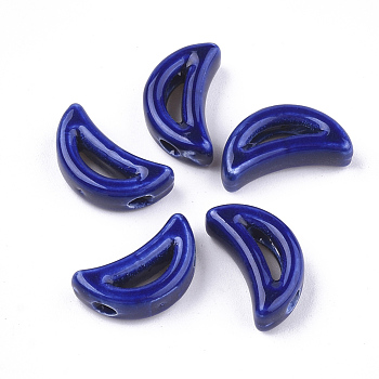 Handmade Porcelain Beads, Bright Glazed Porcelain, Moon, Blue, 16~16.5x9x5.5mm, Hole: 2mm