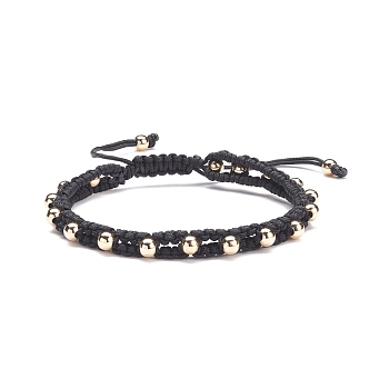 Round Brass Braided Bead Bracelet, Adjustable Friendship Jewelry for Women, Light Gold, Black, Inner Diameter: 2~3-1/4 inch(5~8.1cm)