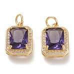 Brass Glass Charms, with Micro Pave Clear Cubic Zirconia and Jump Ring, Rectangle, Real 18K Gold Plated, Indigo, 14.5x10.5x5mm, Hole: 3.4mm(ZIRC-F116-09B-G)