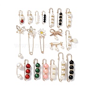 20Pcs Acrylic Pearl Beaded Safety Pin Brooches, Rhinestone Flower & Butterfly & Bowknot Lapel Pin Badges, Golden Alloy Sweater Shawl Clips for Women, Mixed Color, 29~85mm, 1Pc/style(JX431A)
