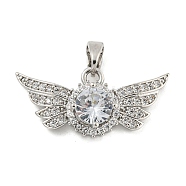 Brass Micro Pave Cubic Zirconia Pendants, Wings, Platinum, 12x25x5mm, Hole: 5x3mm(KK-Q812-01P)