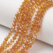 Electroplate Glass Beads Strands, Half Plated, Rainbow Plated, Faceted, Rondelle, Orange, 4x3mm, Hole: 0.4mm, about 123~127pcs/strand, 16.5~16.9 inch(42~43cm)(EGLA-A034-T4mm-J11)