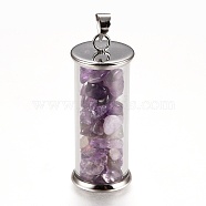 Alloy & Glass Wish Bottle Pendants, with Natural Amethyst Chips, Platinum, Column, 35x13.5mm, Hole: 4x3.5mm(G-Z017-04)