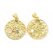 Brass Micro Pave Cubic Zirconia Pendant, Flat Round with Lover & Heart & Star Charm, Golden, Colorful, 24.5x21.5x2.5mm, Hole: 4.5x3mm(KK-H441-30G)