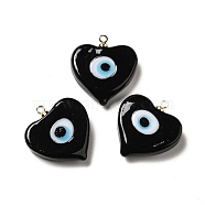 Handmade Lampwork Pendants, with Real 18K Gold Plated Plated Brass Finding, Cadmium Free & Lead Free, Heart with Evil Eye, Black, 19.5x18.2x5mm, Hole: 1.4mm(LAMP-E030-01G-04)
