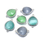 Cat Eye Links connectors, with Brass Findings, Faceted, teardrop, Platinum, Mixed Color, 21~22x15.5~16x6mm, Hole: 1.6mm(G-E526-25)
