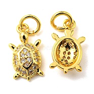 Rack Plating Brass Micro Pave Cubic Zirconia Charms, with Jump Ring, Tortoise, Real 18K Gold Plated, 14x7.5x2.8mm, Hole: 3.2mm(KK-D036-16G)
