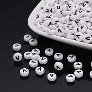Acrylic Beads, with Horizontal Hole, Letter, Flat Round, Letter.V, 7x4mm, Hole: 1mm, about 3500pcs/500g(PL37C9070-V)