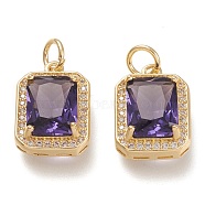 Brass Glass Charms, with Micro Pave Clear Cubic Zirconia and Jump Ring, Rectangle, Real 18K Gold Plated, Indigo, 14.5x10.5x5mm, Hole: 3.4mm(ZIRC-F116-09B-G)