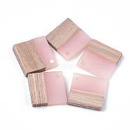Resin & Walnut Wood Pendants, Rhombus, Misty Rose, 24x24x3~4mm, Hole: 2mm(RESI-S358-53B)