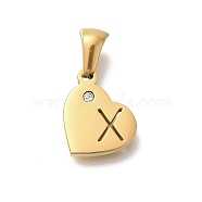 304 Stainless Steel Heart Pendants with Rhinestone, Golden, Letter X, 11x13x2.5mm, Hole: 5x3mm(STAS-Z103-01G-24)