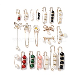 20Pcs Acrylic Pearl Beaded Safety Pin Brooches, Rhinestone Flower & Butterfly & Bowknot Lapel Pin Badges, Golden Alloy Sweater Shawl Clips for Women, Mixed Color, 29~85mm, 1Pc/style(JX431A)