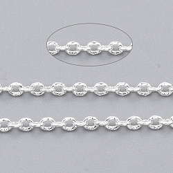 Brass Cable Chains, Textured, Soldered, Flat Oval, Silver Color Plated, 2x1.4x0.4mm(X-CHC-T008-04S)