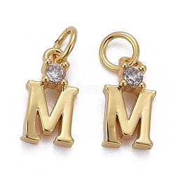 Brass Micro Pave Clear Cubic Zirconia Pendants, with Jump Rings, Real 18K Gold Plated, Long-Lasting Plated, Letter, Letter.M, 10x5x2mm(ZIRC-Z011-35M)
