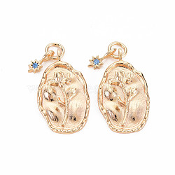 Brass Sapphire Rhinestone Pendants, Birth Flower Charms, Nickel Free, Oval with Star, Real 18K Gold Plated, February Iris, 23x13x2mm, Hole: 3mm, Star: 9x4x1mm(KK-S364-222)