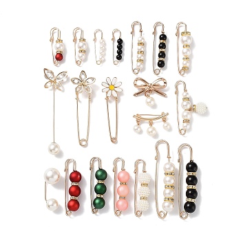 20Pcs Acrylic Pearl Beaded Safety Pin Brooches, Rhinestone Flower & Butterfly & Bowknot Lapel Pin Badges, Golden Alloy Sweater Shawl Clips for Women, Mixed Color, 29~85mm, 1Pc/style