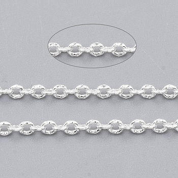 3.28 Feet Brass Cable Chains, Textured, Soldered, Flat Oval, Silver Color Plated, 2x1.4x0.4mm