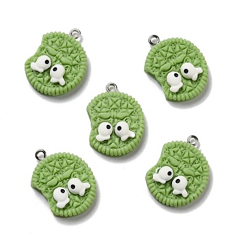 Opaque Resin Pendants, with Platinum Tone Iron Loops, Imitation Food, Biscuits with Eyes, Yellow Green, 26x19x7.5mm, Hole: 2mm