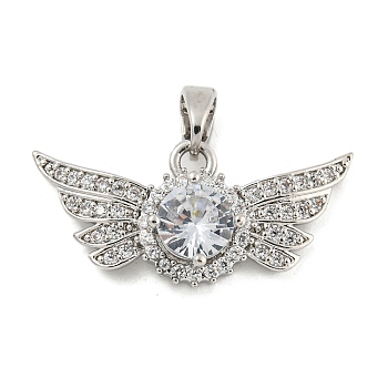 Brass Micro Pave Cubic Zirconia Pendants, Wings, Platinum, 12x25x5mm, Hole: 5x3mm