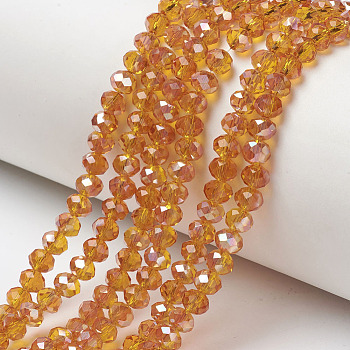 Electroplate Glass Beads Strands, Half Plated, Rainbow Plated, Faceted, Rondelle, Orange, 4x3mm, Hole: 0.4mm, about 123~127pcs/strand, 16.5~16.9 inch(42~43cm)