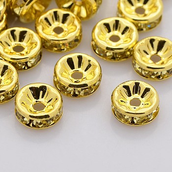 Brass Rhinestone Spacer Beads, Grade A, Straight Flange, Golden Metal Color, Rondelle, Jonquil, 6x3mm, Hole: 1mm