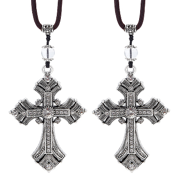 Alloy Cross Hanging Pendant Decorations, with Rope, for Car Rear View Mirror, Antique Silver, 240mm