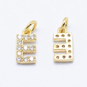 Brass Micro Pave Grade AAA Cubic Zirconia Charms, Letter E, Cadmium Free & Nickel Free & Lead Free, Real 18K Gold Plated, 9x4.5x1.5mm, Hole: 2mm