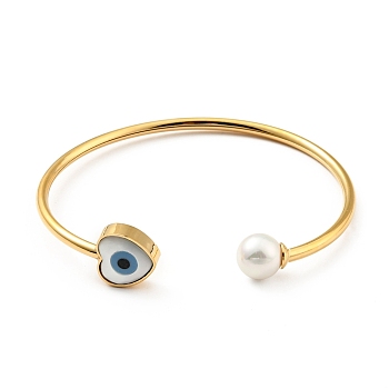 Shell Pearl & Heart with Evil Eye Open Cuff Bangle, 304 Stainless Steel Jewelry for Woman, Golden, Inner Diameter: 1-3/4x2-1/8 inch(4.6x5.45cm)