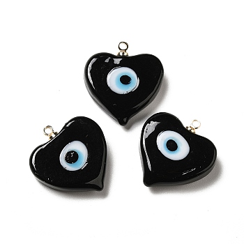 Handmade Lampwork Pendants, with Real 18K Gold Plated Plated Brass Finding, Cadmium Free & Lead Free, Heart with Evil Eye, Black, 19.5x18.2x5mm, Hole: 1.4mm