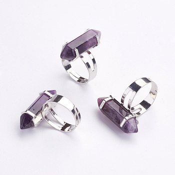 Natural Amethyst Finger Rings, with Iron Ring Finding, Platinum, Size 8, 18mm
